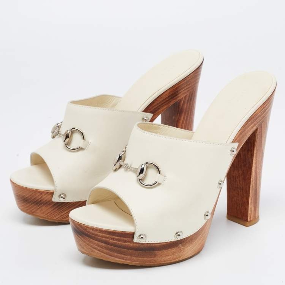 Gucci Off White Leather Horsebit Wooden Clogs